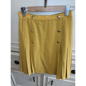Chanel Vintage Mustard Yellow Pleated Midi Skirt Wool Logo Buttons 26 Classic